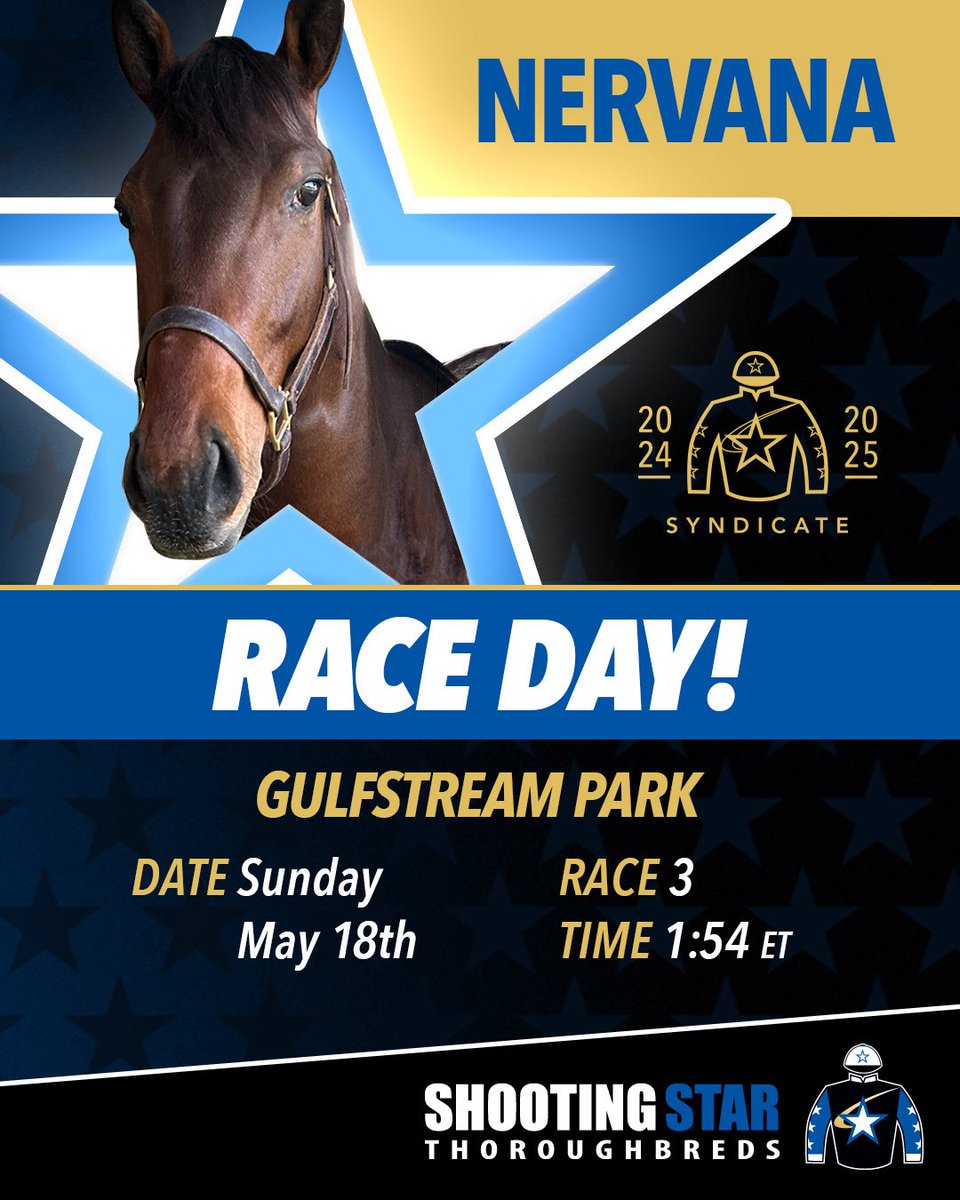 RACE DAY ALERT! NERVANA is entered at Gulfstream Park on Sunday, May 18th in Race 3 with Leonel Reyes aboard! Best of luck to Nervana and all of the Members!  #WinWinWin #3yocolt #FLBred #FTBOA