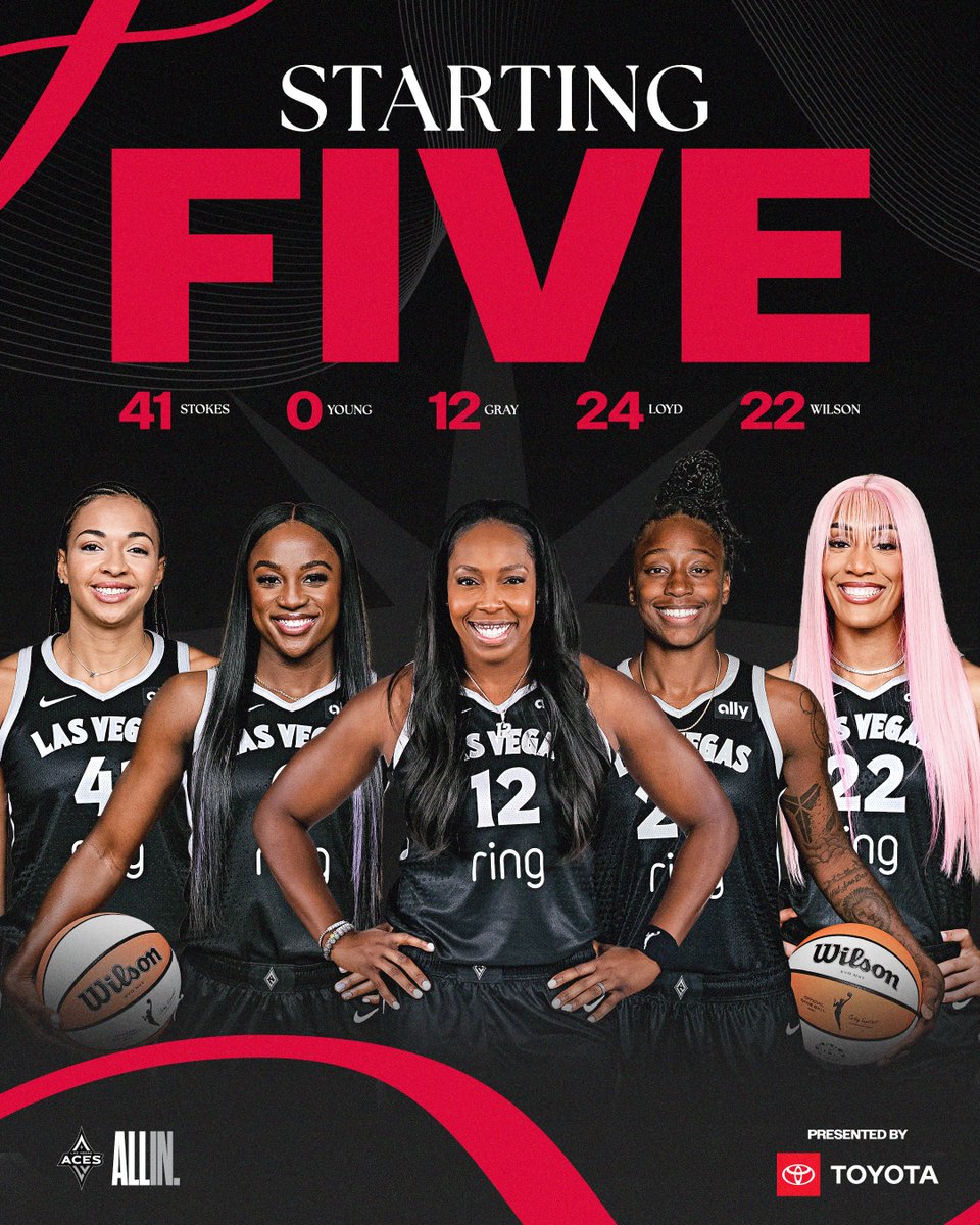 Las Vegas Aces (@lvaces) on Twitter photo ๐๐๐ ๐
๐๐๐
1โฃ2โฃ Gray
2โฃ4โฃ Loyd
0โฃ Young
2โฃ2โฃ Wilson
4โฃ1โฃ Stokes
Presented by <a href="/Toyota/">Toyota USA</a> // #ALLINLV ๐๐๐ ๐
๐๐๐
1โฃ2โฃ Gray
2โฃ4โฃ Loyd
0โฃ Young
2โฃ2โฃ Wilson
4โฃ1โฃ Stokes
Presented by <a href="/Toyota/">Toyota USA</a> // #ALLINLV