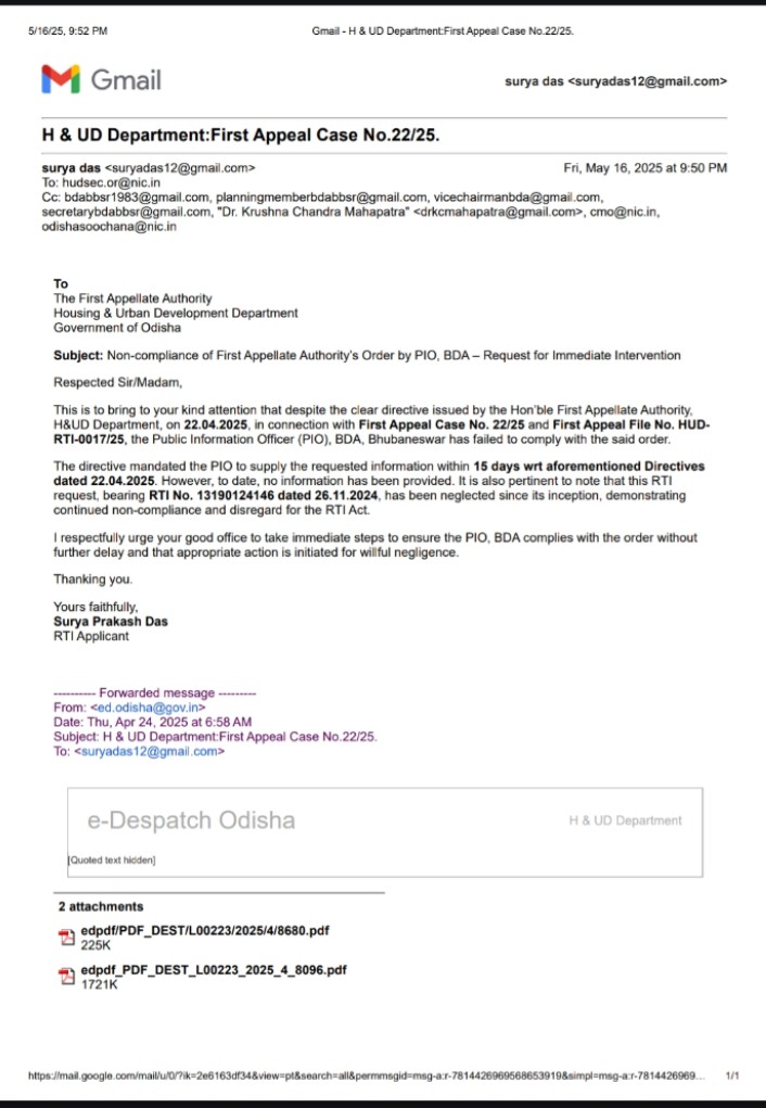 surya1618's tweet image. This shows how #inefficiently PIO (Public Information Officer) @BDA_BBSR works, without any fear of directives issued by the First Appellate Authority @HUDDeptOdisha Request @CMO_Odisha @MohanMOdisha @dr_kcmahapatra  to take action against such #inefficient PIOs at @BDA_BBSR for