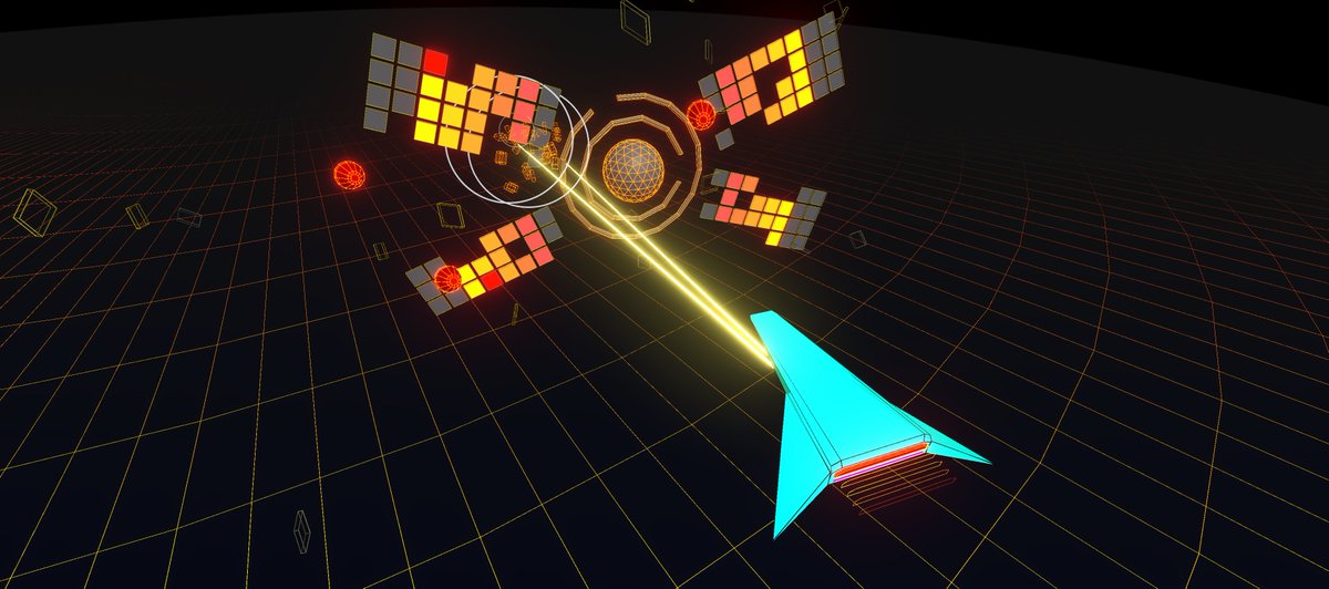 sprytosaur's tweet photo. Here's our latest #screenshotSaturday from Level 2 in #AmpGame. We're going through an asteroid field, and yes they all pulse to the music, which we haven't revealed yet. And is that the boss? It might be the boss. It's angry at you. All bosses tend to be angry at you. https://t.co/Sl3Fnz84Bo