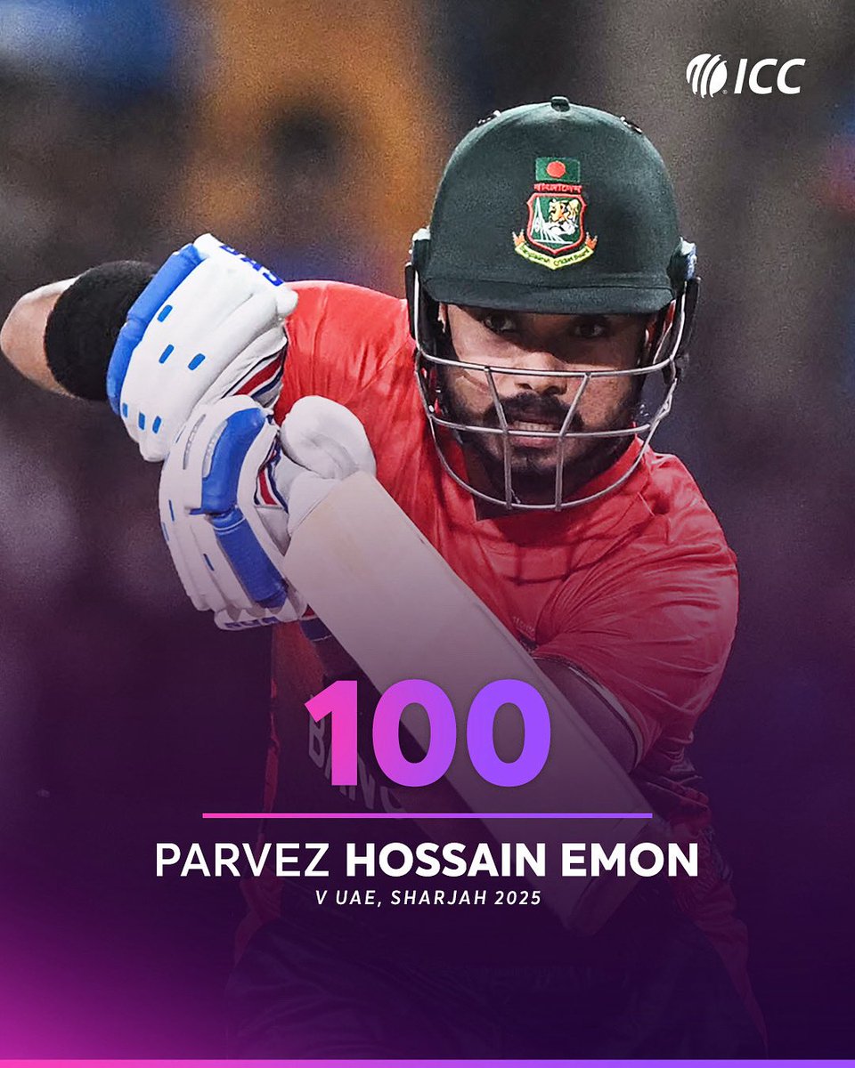 ICC's tweet photo. Bangladesh's Parvez Hossain Emon shines against the UAE with his maiden T20I 💯 👏

#UAEvBAN 📝: https://t.co/deF3rCYpTp https://t.co/VyHuQZXRrx