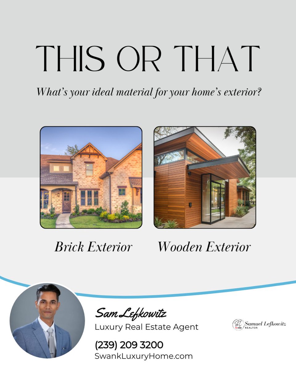 SamALefkowitz's tweet photo. When it comes to your home’s curb appeal, which look do you love more?

🧱 Brick Exterior – Timeless, durable, and full of character
🌲 Wooden Exterior – Warm, natural, and full of rustic charm

Which one feels more like home to you? Comment below!

#thisorthat https://t.co/PQLzwcMaFV