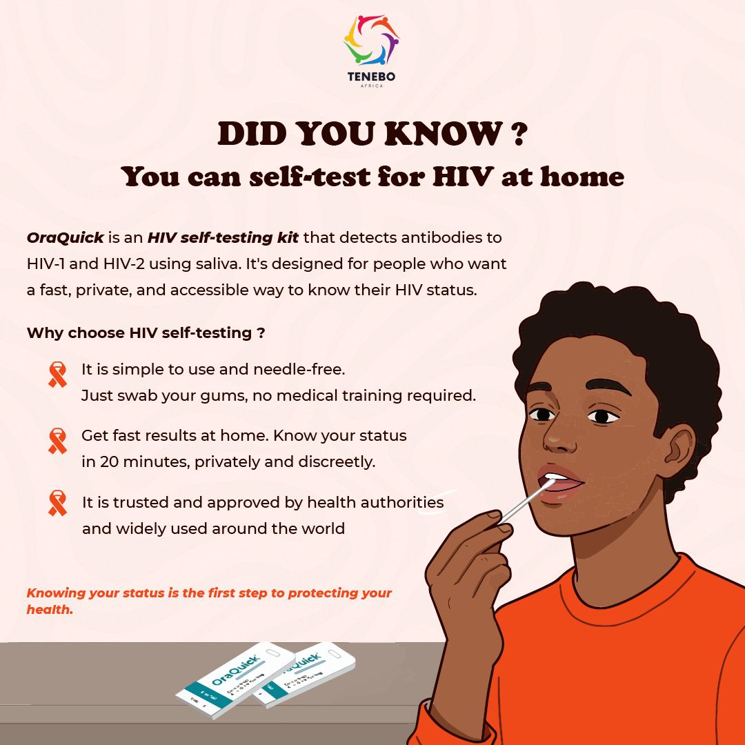 TeneboF's tweet photo. Here's why you should explore self-testing as an option:

⚕️Simple to use and needle-free. Just swab your gums. No medical training is required. 

⚕️ Quick results. Find out your HIV status in as little as 20 minutes, all in the comfort of your home.

#HIVAwareness #SelfTesting https://t.co/NH2WQD8Iyv