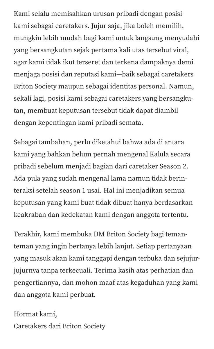 Selamat malam, teman-teman.

Kami, para caretakers dari Briton Society, merasa perlu memberikan klarifikasi agar tidak timbul asumsi-asumsi yang tidak berdasar terkait situasi yang belakangan ini menjadi perbincangan publik. Mohon maaf apabila sematan terlalu panjang.