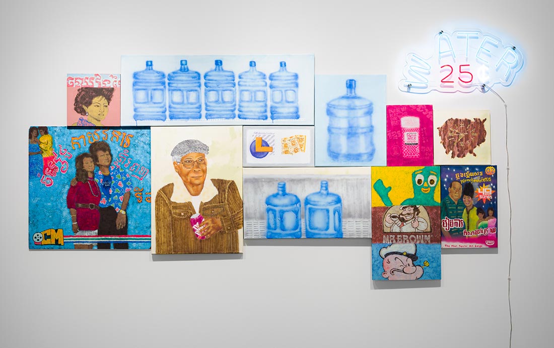 Nak Bou recently illuminated his process and the way the pieces in 'Water Shop' emerged from his mark-making, surfacing images from his memory with the colorful aesthetics of lo-fi graphic design and mid-century Cambodia. 'Water Shop' is on view thru 5/29 bit.ly/3Zf7nrK