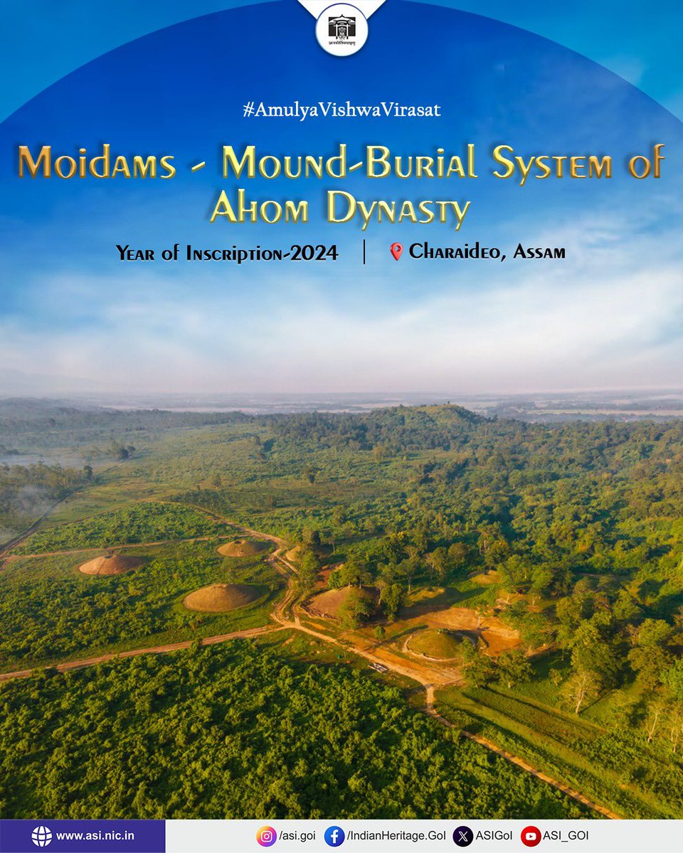 ASIGoI's tweet photo. Located in Charaideo district of Assam, the Moidams are ancient burial mounds of Ahom kings, queens, and nobles. Though such mounds are found across Upper Assam, Charaideo, once the Ahom capital, served as the main royal burial ground. For 600 years (from the 13th to the 19th centuries CE), the Ahom kingdom built these burial mounds as per their belief to pay homage to their dead.

The word Moidam comes from the Tai-Ahom phrase meaning “to bury the spirit.” Each Moidam features a burial vault, a hemispherical earthen mound, a ritual platform (Chow-Chali), and an octagonal wall with a western entrance.

In early times, Moidams were constructed using timber, but as the Ahom reign progressed, brick and stone became the preferred materials. According to the Ahom Buranjis (royal chronicles), the dead were buried with a wealth of items like clothing, ornaments, weapons, and personal belongings. (1/2)
