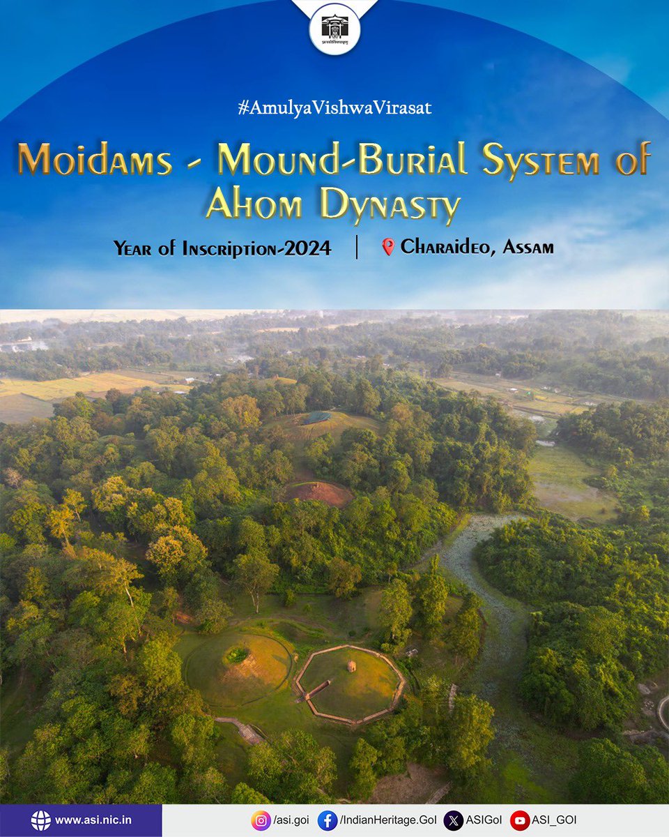 ASIGoI's tweet photo. Located in Charaideo district of Assam, the Moidams are ancient burial mounds of Ahom kings, queens, and nobles. Though such mounds are found across Upper Assam, Charaideo, once the Ahom capital, served as the main royal burial ground. For 600 years (from the 13th to the 19th centuries CE), the Ahom kingdom built these burial mounds as per their belief to pay homage to their dead.

The word Moidam comes from the Tai-Ahom phrase meaning “to bury the spirit.” Each Moidam features a burial vault, a hemispherical earthen mound, a ritual platform (Chow-Chali), and an octagonal wall with a western entrance.

In early times, Moidams were constructed using timber, but as the Ahom reign progressed, brick and stone became the preferred materials. According to the Ahom Buranjis (royal chronicles), the dead were buried with a wealth of items like clothing, ornaments, weapons, and personal belongings. (1/2)