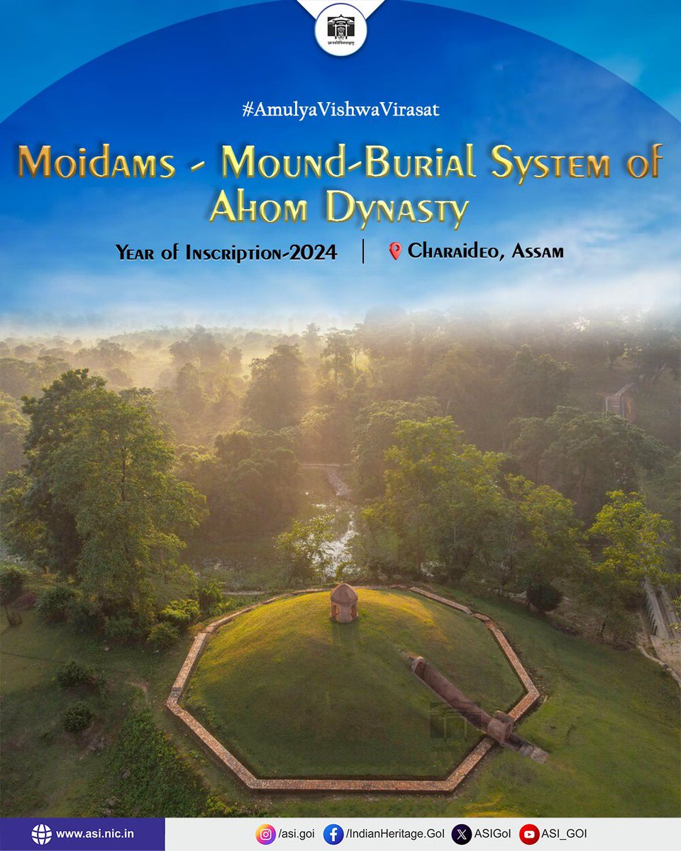 ASIGoI's tweet photo. Located in Charaideo district of Assam, the Moidams are ancient burial mounds of Ahom kings, queens, and nobles. Though such mounds are found across Upper Assam, Charaideo, once the Ahom capital, served as the main royal burial ground. For 600 years (from the 13th to the 19th centuries CE), the Ahom kingdom built these burial mounds as per their belief to pay homage to their dead.

The word Moidam comes from the Tai-Ahom phrase meaning “to bury the spirit.” Each Moidam features a burial vault, a hemispherical earthen mound, a ritual platform (Chow-Chali), and an octagonal wall with a western entrance.

In early times, Moidams were constructed using timber, but as the Ahom reign progressed, brick and stone became the preferred materials. According to the Ahom Buranjis (royal chronicles), the dead were buried with a wealth of items like clothing, ornaments, weapons, and personal belongings. (1/2)