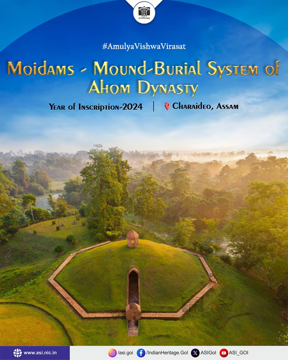 ASIGoI's tweet photo. Located in Charaideo district of Assam, the Moidams are ancient burial mounds of Ahom kings, queens, and nobles. Though such mounds are found across Upper Assam, Charaideo, once the Ahom capital, served as the main royal burial ground. For 600 years (from the 13th to the 19th centuries CE), the Ahom kingdom built these burial mounds as per their belief to pay homage to their dead.

The word Moidam comes from the Tai-Ahom phrase meaning “to bury the spirit.” Each Moidam features a burial vault, a hemispherical earthen mound, a ritual platform (Chow-Chali), and an octagonal wall with a western entrance.

In early times, Moidams were constructed using timber, but as the Ahom reign progressed, brick and stone became the preferred materials. According to the Ahom Buranjis (royal chronicles), the dead were buried with a wealth of items like clothing, ornaments, weapons, and personal belongings. (1/2)