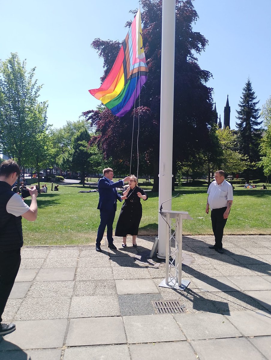 Alexander_Hay91's tweet photo. Today is #IDAHOBIT, the International Day Against Homophobia, Biphobia, Intersexphobia and Transphobia. 

Yesterday, I joined colleagues at a Unison event held ahead of the day. We paused to raise the Progress Pride flag at Newcastle Civic Centre with the Leader, Karen Kilgour. https://t.co/h2sMl9q7wx