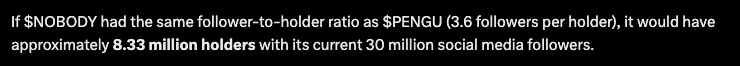 0xCryptoUnivers's tweet photo. $PENGU has around 1,8m social media follows and around 500k holders.

$NOBODY has around 30m social media follows and around 5k holders.

Grok did the math so you don't have to.. feel fomo yet ? https://t.co/JeNIyirqg3