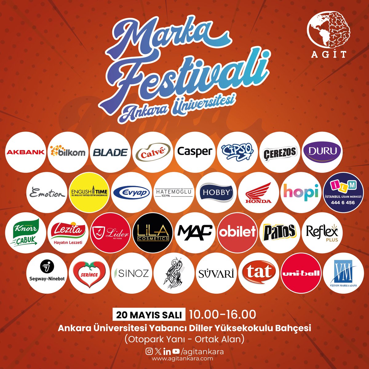 Ankara Üniversitesi Girişimcilik ve İnovasyon Topluluğu olarak Ankara Üniversitesi Marka Festivali'ni 8. kez gerçekleştireceğimizi duyurmaktan mutluluk duyuyoruz!

Bu keyifli festivali kaçırma! Sen de Ankara Üniversitesi Marka Festivali'ne katıl hediyelerini kap!