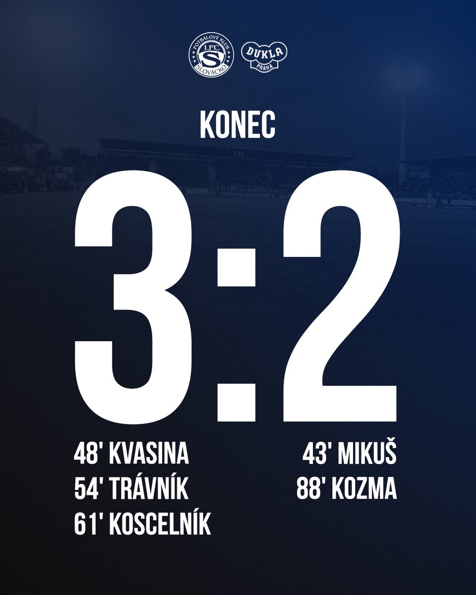 ✅ A je to! Duklu porážíme 3:2 a máme jistotu záchrany, děkujeme všem za podporu.

#zaslovacko #fcsduk
