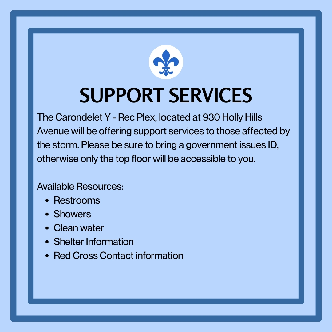 The Carondelet Y, is offering support services to those affected by yesterday's tornado. Please remember to bring a government issued ID. 

The top floor offers restrooms, areas to take a break, and bottle fill stations.