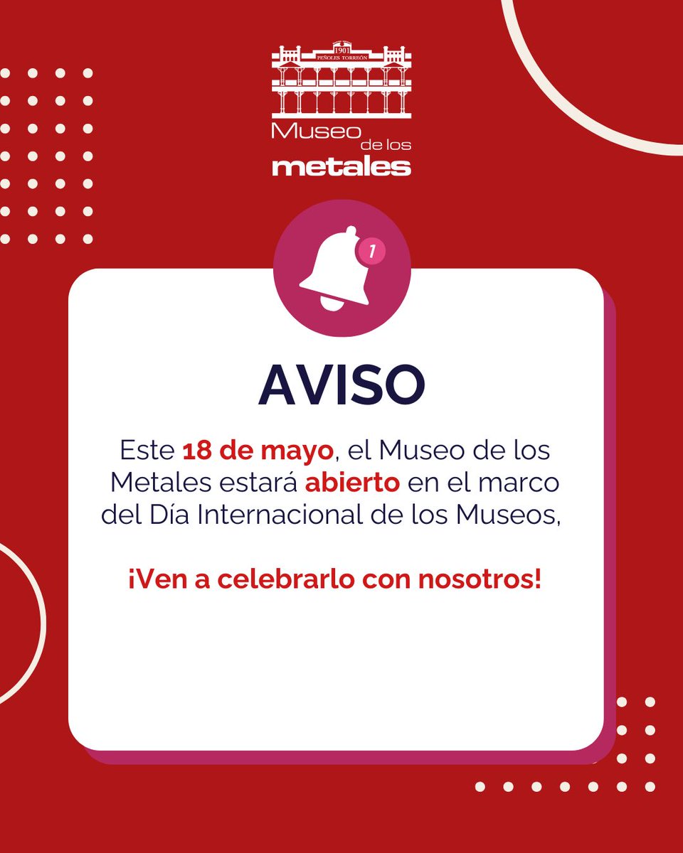 ¡Este 18 de mayo también hay museo! 🗓️
El Museo de los Metales estará abierto este domingo, para celebrar el Día Internacional de los Museos.

¡Ven y acompáñanos en este día lleno de historia y aprendizaje! 🏛️🎉

#DíaInternacionalDeLosMuseos #MuseoDeLosMetales #CulturaParaTodos