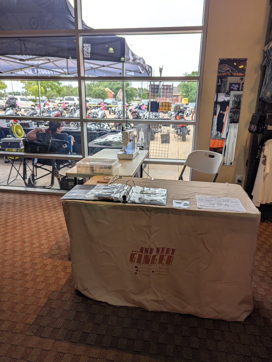 AVGDesigns's tweet photo. All set up and waiting for the party to start --  I'll be here, sewing on patches till 4!

Food trucks, free beer, music, a bouncy house for the kids, and a bike show with a $200 prize for best bike of the day, today at @CrossroadsHD Mancuso Crossroads Harley-Davidson in Houston! #CypressTX #Houston #HarleyDavidson