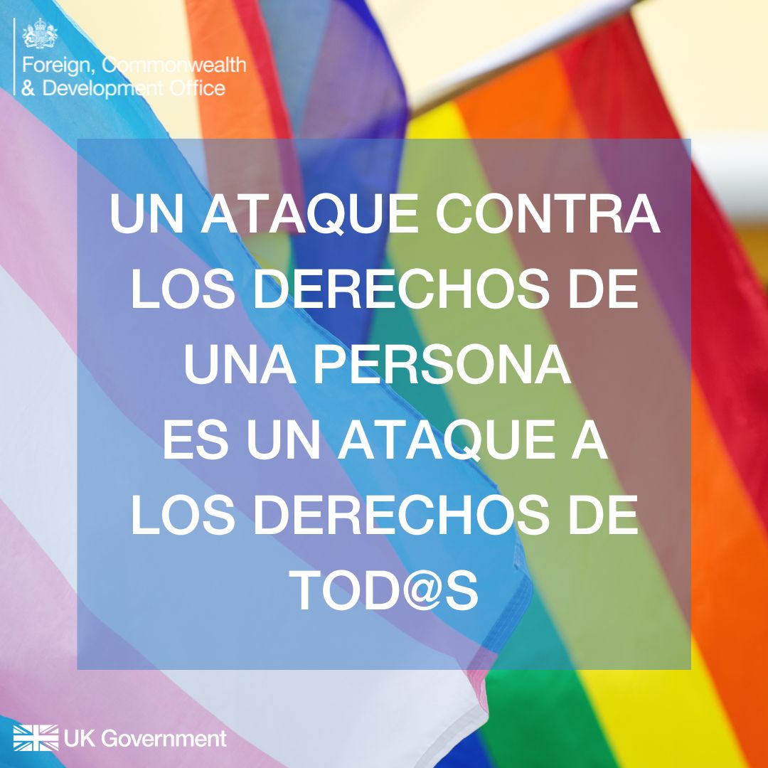 El Reino Unido 🇬🇧 está comprometido a continuar utilizando herramientas diplomáticas y de desarrollo para promover y proteger los derechos LGBT+ en todo el mundo. 

#IDAHOBIT #EqualSafeFree