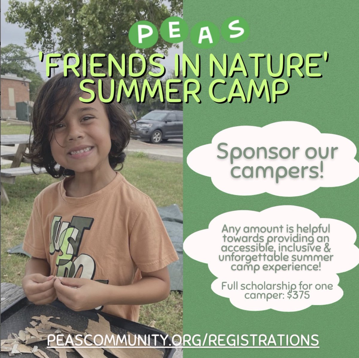 emanielex's tweet photo. PEAS strives to make at least 25% of their summer camp spots available to families that are experiencing financial hardship. Can you help make a summer camp dream a reality for a child in our community? @peas_community @texasonefund  https://t.co/MaCV5W9b6R https://t.co/ZZFZrbKFrg