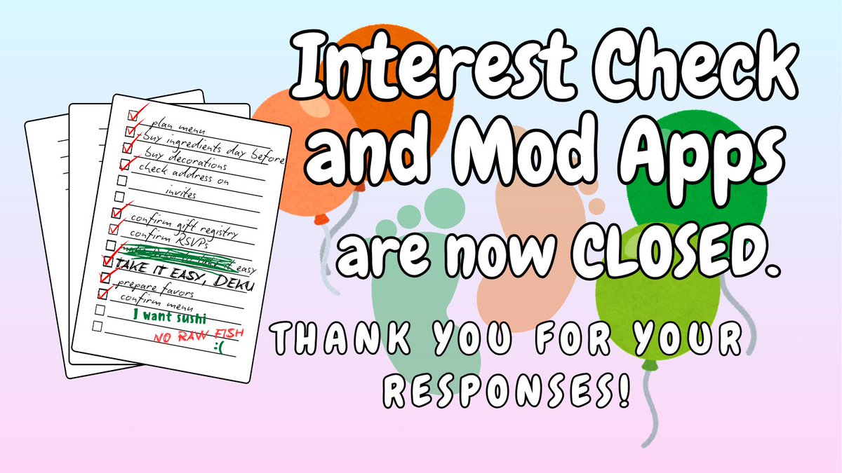 bkdkduedate's tweet photo. Our Interest Check and Mod Apps are now CLOSED!
Thank you to everyone who filled them out!
 #bkdk #ktdk #bkdkzine #freezine #bakudeku https://t.co/hZF1Ti5FNA