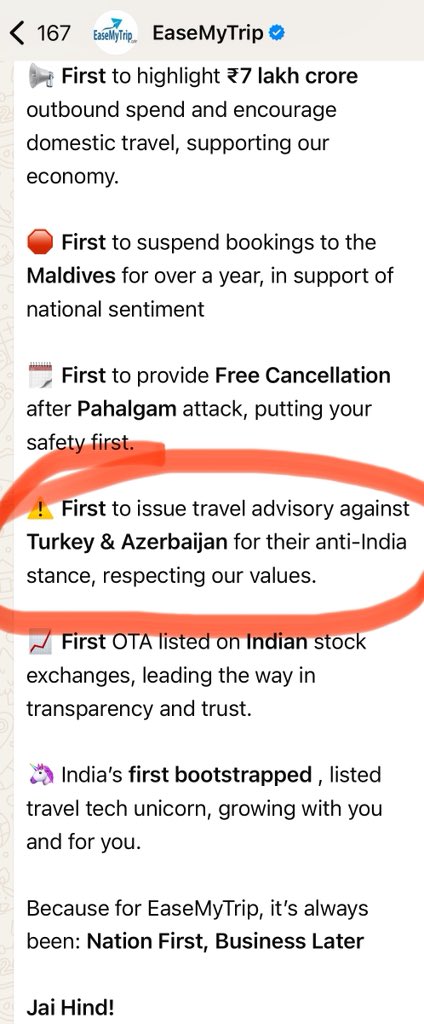 Dr Navneet Anand (@navneetanand) on Twitter photo This was one WhatsApp message from Ease My Trip I could not desist sharing 👇
Kudos on boycotting Turkey & Azerbaijan for their glaring anti-India positions.
Jai Hind 🇮🇳
<a href="/EaseMyTrip/">EaseMyTrip.com</a> <a href="/easemytrip_care/">EaseMyTrip Cares</a> <a href="/ppitti/">Prashant Pitti</a> #celebi This was one WhatsApp message from Ease My Trip I could not desist sharing 👇
Kudos on boycotting Turkey & Azerbaijan for their glaring anti-India positions.
Jai Hind 🇮🇳
<a href="/EaseMyTrip/">EaseMyTrip.com</a> <a href="/easemytrip_care/">EaseMyTrip Cares</a> <a href="/ppitti/">Prashant Pitti</a> #celebi