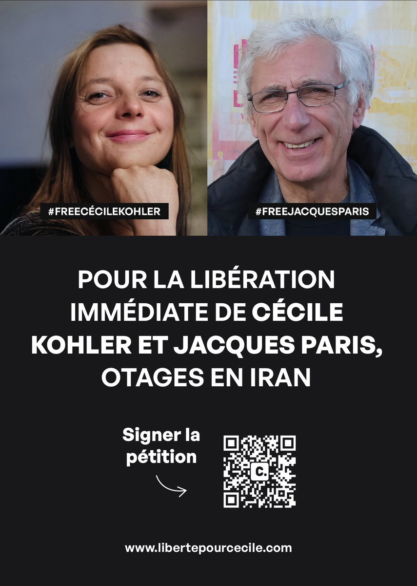 Cécile Kohler et Jacques Paris sont otages depuis 3 ans en Iran, détenus dans des conditions inhumaines. Leurs droits sont bafoués.
📲 Scannez le QR code, signez et partagez pour leur liberté.
Ils ont besoin de vous. 
#FreeCecileKohler #FreeJacquesParis