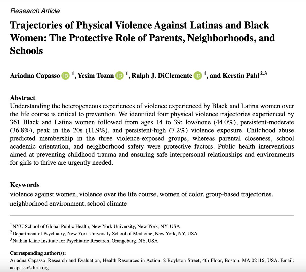 VAWJournal's tweet image. These authors found that strong parental bonds, attending a high school that emphasized academic achievement, and feeling safe in one’s neighborhood during adolescence protected Latina and Black women from abuse later in life. Read more about this study: journals.sagepub.com/doi/abs/10.117…