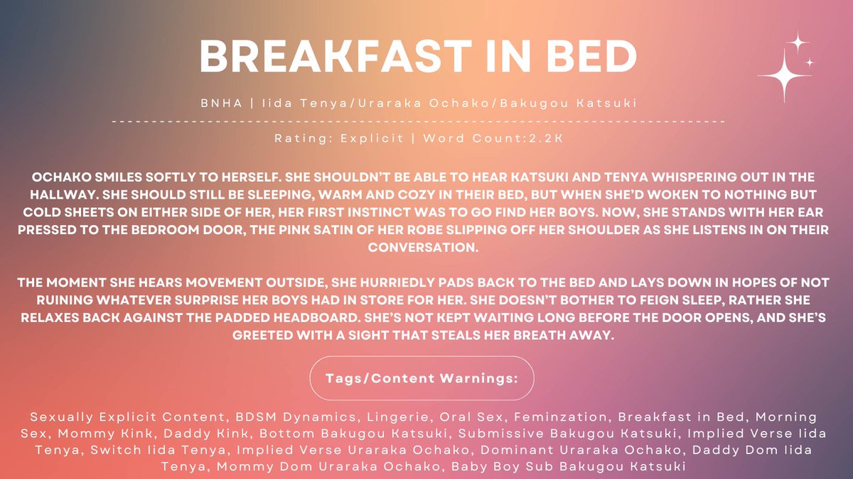 The second piece I wrote for <a href="/BnhaLuxuryZine/">Luxury: A BNHA Lingerie Zine</a> is a sweet and smutty Tenya/Ochako/Katsuki piece.

Links to the piece and leftovers ⬇️