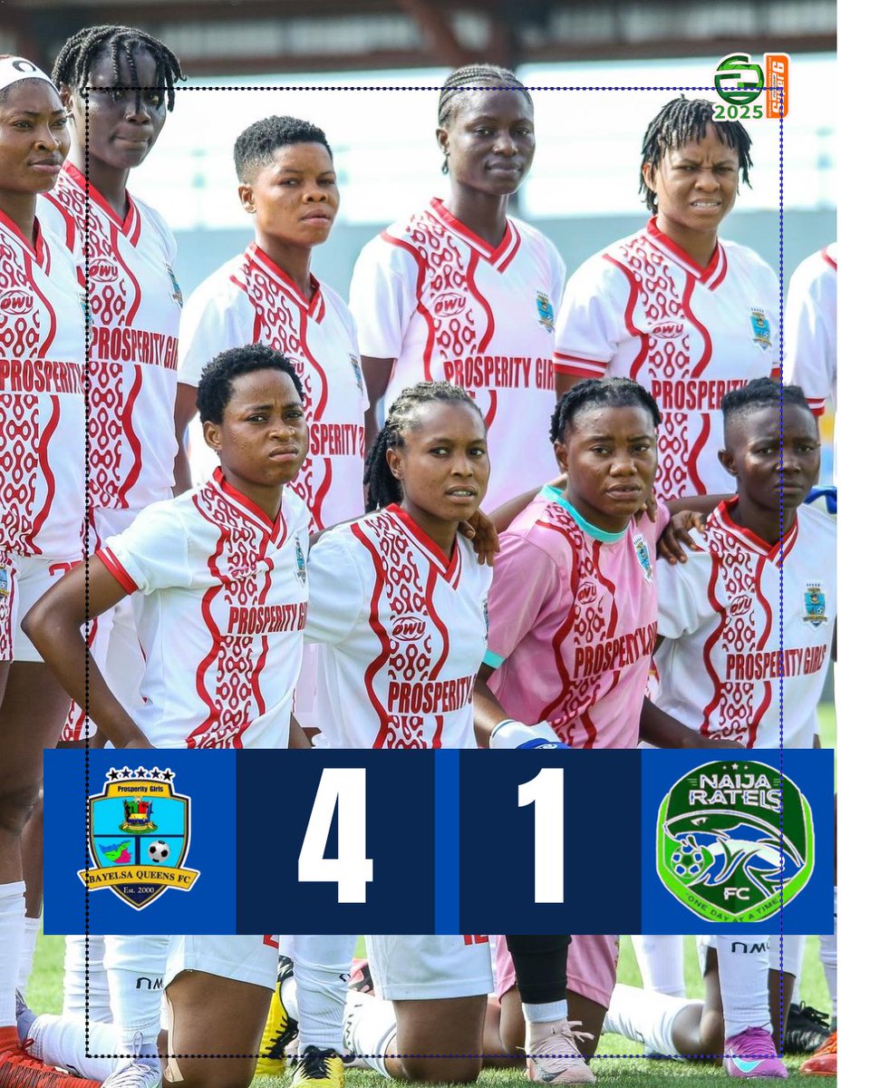 FT: Bayelsa Queens 4-1 Naija Ratels
A commanding win — and we are the 2025 NWFL Champions!

#BayelsaQueens #NWFL25 #NWFLPremiershipSuper6 #WomenFootballRising