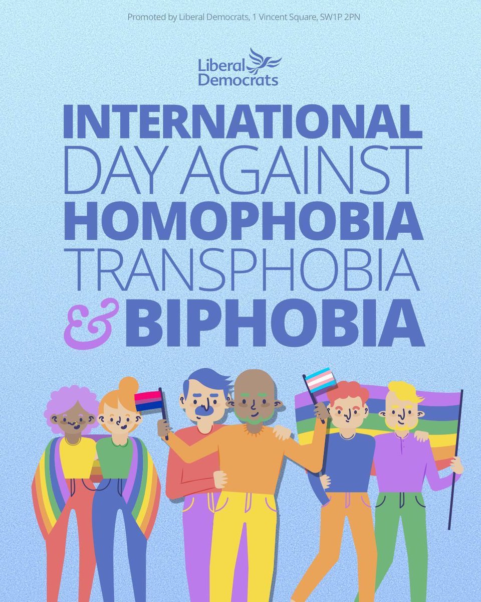 Too many lives in the LGBTQ+ community have been blighted by discrimination and hate.

Liberal Democrats will always stand up against homophobia, transphobia &amp; biphobia. And we'll fight for fair society where everyone’s rights and dignity are upheld.

#IDAHoBiT 🏳️‍🌈❤️💜💙🏳️‍⚧️