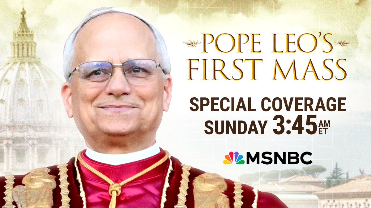MSNBC's tweet image. Sunday, join Chris Jansing for special coverage of Pope Leo’s first public Mass.
Tune in Sunday at 3:45am ET on @MSNBC and on YouTube at youtube.com/watch?v=EYW4co…