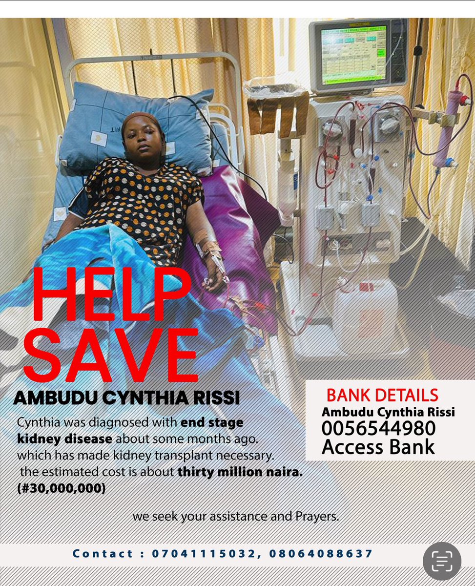 SherithaSteven's tweet photo. Please help us save Cynthia, 

Cynthia has been diagnosed with an end stage kidney disease that requires a kidney transplant 

Below is her account detail for your kind support

Account Number:

0056544980
Bank: Access Bank
Account Name:
Ambudu Cynthia Risi https://t.co/Kvv1cjaaWu