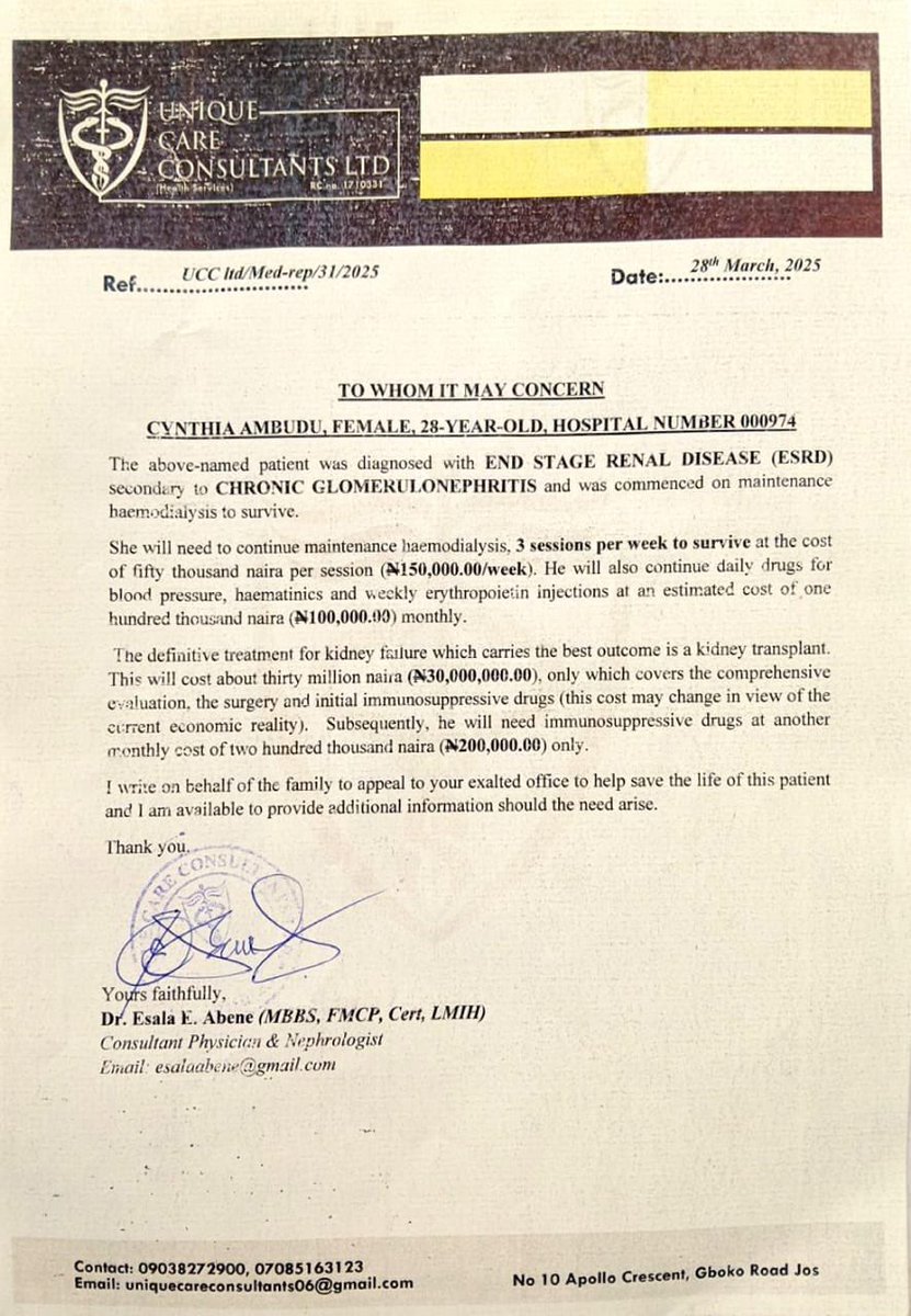 Please help us save Cynthia, 

Cynthia has been diagnosed with an end stage kidney disease that requires a kidney transplant 

Below is her account detail for your kind support

Account Number:

0056544980
Bank: Access Bank
Account Name:
Ambudu Cynthia Risi