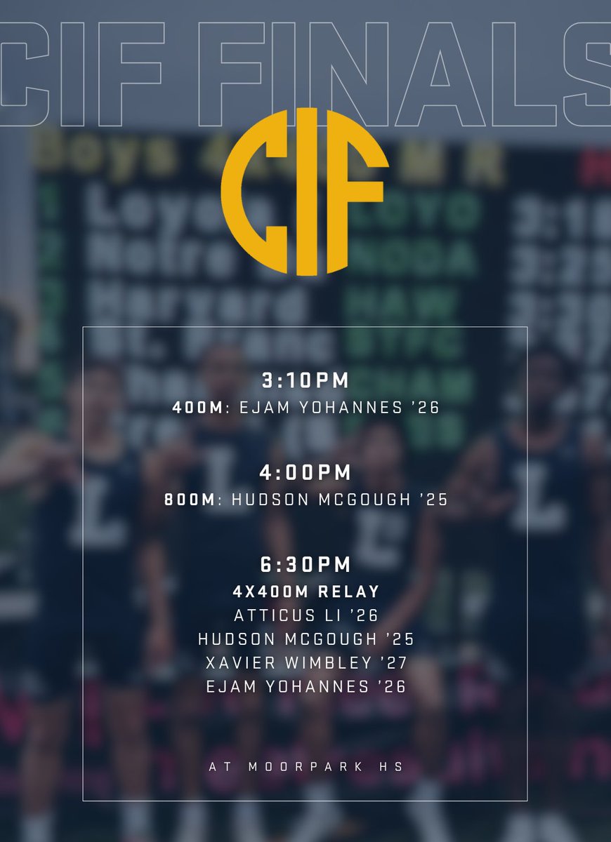 CIF FINALS | Our reigning 4x4 league champs are racing for the D1 title tonight at 6:30PM, while Ejam Yohannes '26 (400M at 3:10PM) and Hudson McGough '25 (800M at 4PM) also race for individual titles!

Follow our four Cubs along at Moorpark HS: nfhsnetwork.com/events/cifss/g…