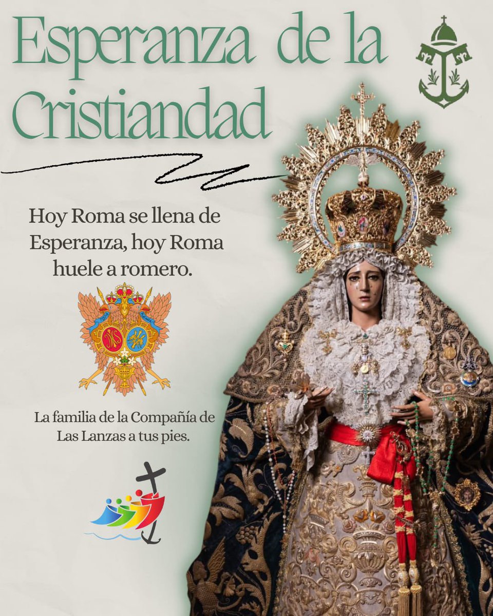 Todos los caminos llevan a Roma y en la ciudad eterna está la madre de Málaga, LA ESPERANZA ( <a href="/pasoyesperanza/">Esperanza de Málaga</a> ). 
Desde la familia de la Compañía de Las Lanzas le deseamos que tengan una buena peregrinación.

#CofradiasMLG #JubileoDeLaEsperanza #VisperasMLG