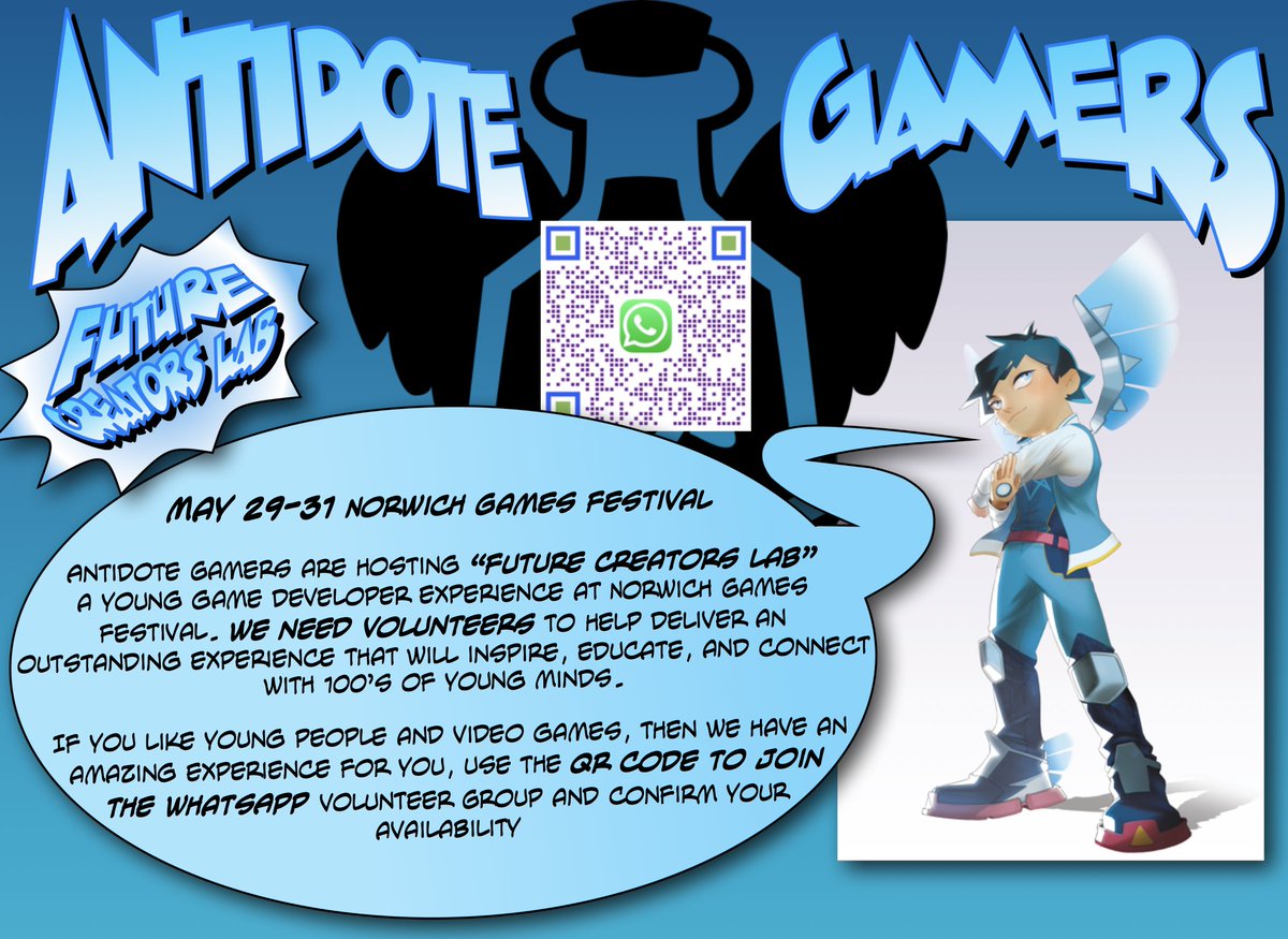 AntidoteGamers's tweet photo. May 29-31 We need volunteers for our 🎮 Norwich Games Festival 🎮 "Future Creators Lab" Experience. Please register for our Whatsapp Volunteers Group and fill in the Poll for your availability

https://t.co/jCqUsddHJb https://t.co/v7zmqqngTM