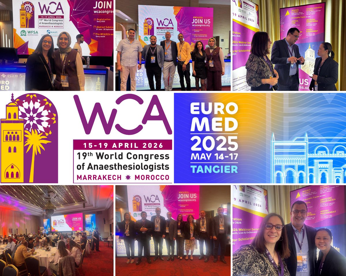 Great to see WCA2026 so well represented at the final day of #EuroMed 2025 in Tangier!

Morocco is proudly hosting both Euro-Med and #WCA2026 next year in Marrakech, global collaboration in anaesthesia is thriving.

See you in April 2026! 🇲🇦

wcacongress.org