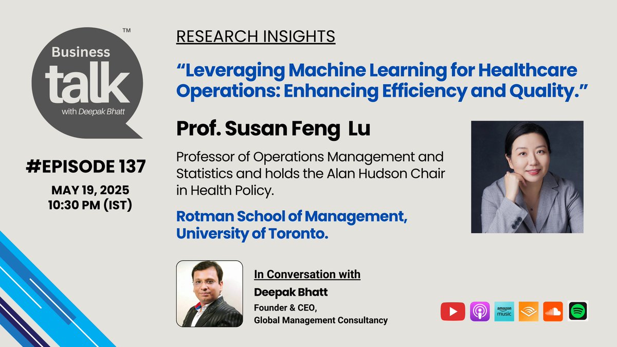 Deepak Bhatt (@hellomrbhatt) on Twitter photo Business Talk is delighted to welcome Dr. Susan Feng Lu, Professor of Operations Management and Statistics and the Alan Hudson Chair in Health Policy at the <a href="/rotmanschool/">Rotman School</a>, as our distinguished guest on an upcoming podcast episode.
Dr. Susan received her Ph.D. from the Business Talk is delighted to welcome Dr. Susan Feng Lu, Professor of Operations Management and Statistics and the Alan Hudson Chair in Health Policy at the <a href="/rotmanschool/">Rotman School</a>, as our distinguished guest on an upcoming podcast episode.
Dr. Susan received her Ph.D. from the
