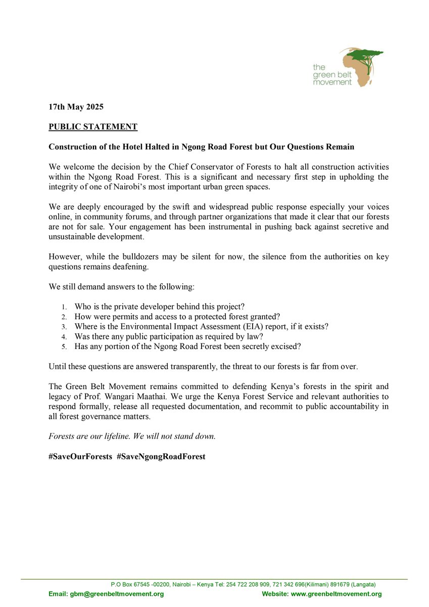 🚨 Victory (for now)! Construction in Ngong Road Forest has been halted following public outcry. THANK YOU for raising your voices.
But we are not done.
❓Who is the developer?
❓Where are the permits?
❓Was the law followed?
We demand answers!
#SaveNgongRoadForest #SaveOurForest