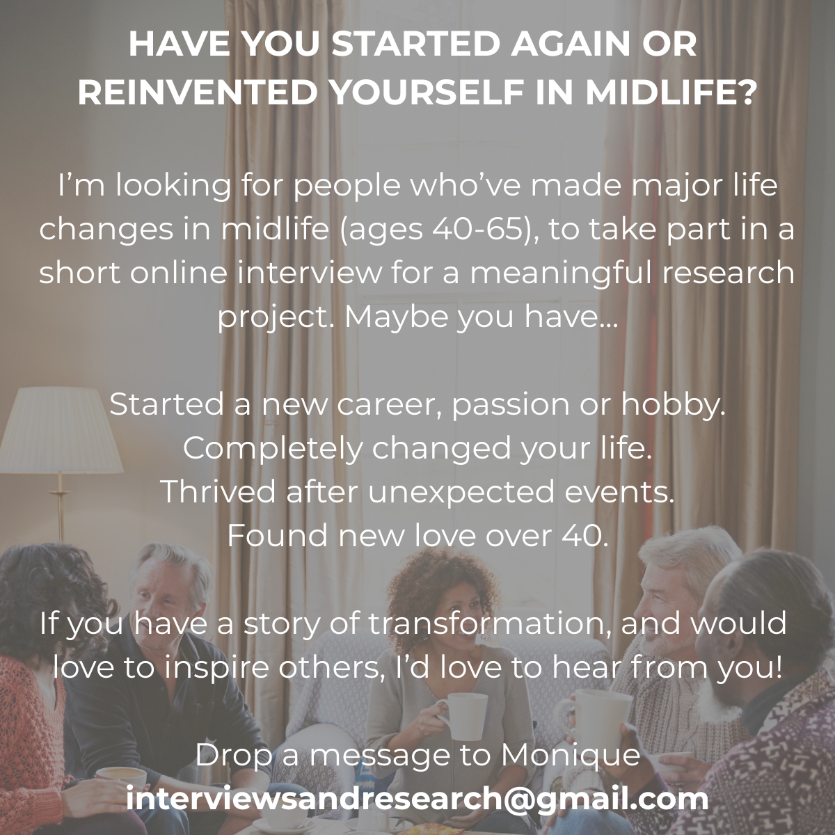 Happy weekend everyone. I am working on a research project, which I hope will offer inspiration and motivation. More details later...

If you have an inspirational story to share, I would love to hear it. Contact details are below and please share. 🙏 🤍

#reinvention #midlife
