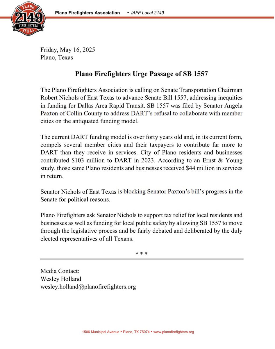 Plano Firefighters urge passage of #SB1557 addressing the antiquated DART funding model. #txlege