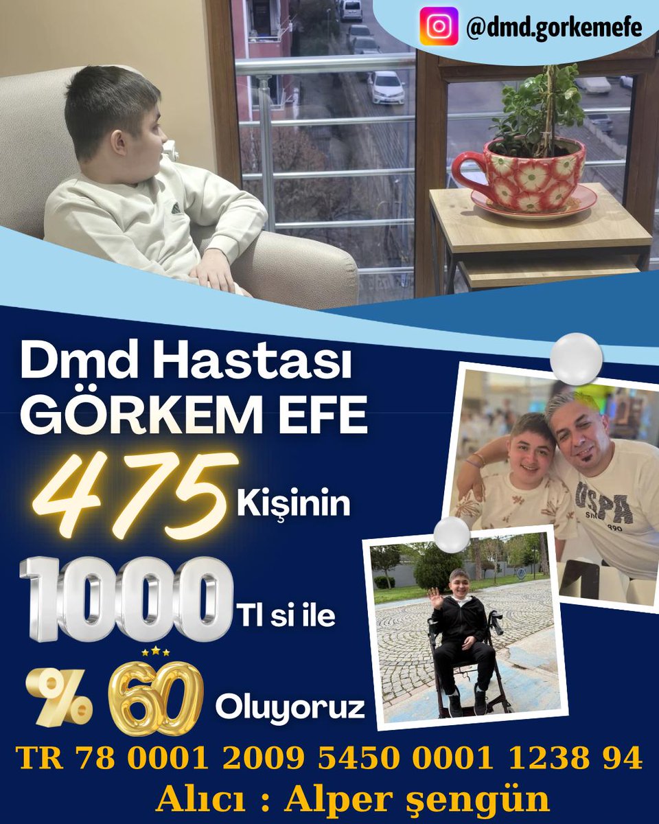 dmdgorkemefe's tweet image. Bir çocuğun hayalleri yarım kalmasın...
Görkem Efe DMD hastası ve zamanla yarışıyor.
475 yürekli insanın 1000 TL desteğiyle, hayata tutunması için gereken tedavinin %60’ı tamamlanacak.

Kalbinden kopan bir destek, onun nefesi olabilir.
IBAN: TR78 0001 2009 5450 0001 1238 94…