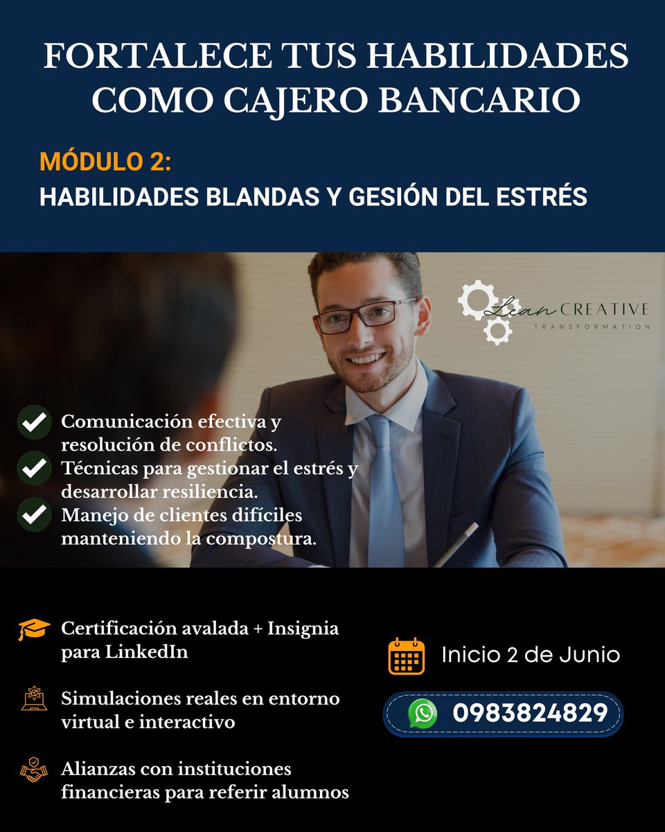 creative_lean's tweet photo. ¡Conviértete en el mejor cajero! 🏦En nuestro Módulo 2 aprenderás a gestionar personas y presión con inteligencia. 

✅ Comunicación efectiva
✅ Gestión del estrés
✅ Atención a clientes difíciles

📅 2-27 junio – 100% online. Inscríbete: https://t.co/Ekvb6zGqBi 

#CajeroBancario https://t.co/unHtpq7hNU