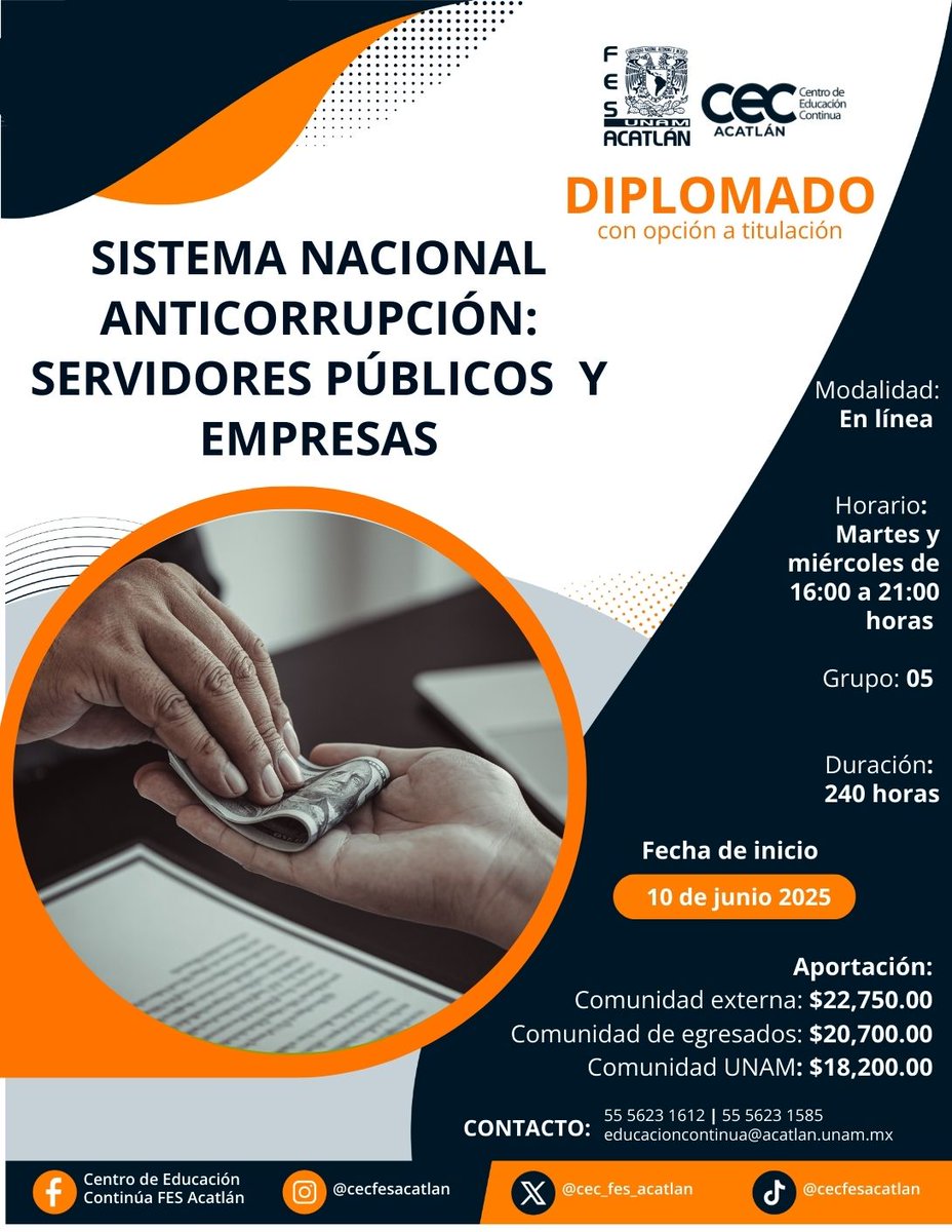 🎓 Diplomado en Sistema Nacional Anticorrupción: Servidores Públicos y Empresas ⚖️

🔍 Diseña estrategias jurídicas para enfrentar la corrupción desde el marco legal del SNA, aplicables a empresas y funcionarios públicos.

 #Derecho #AdministraciónPública #EducaciónContinua #UNAM
