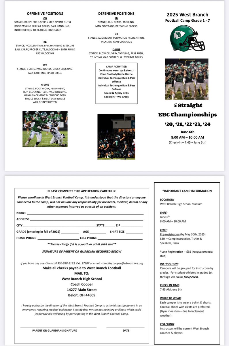 We will be hosting our annual Youth Football Camp on June 6th for Grades 1-7, 8am-10am. Please register by May 30th with form below. Please direct message for any questions you have.