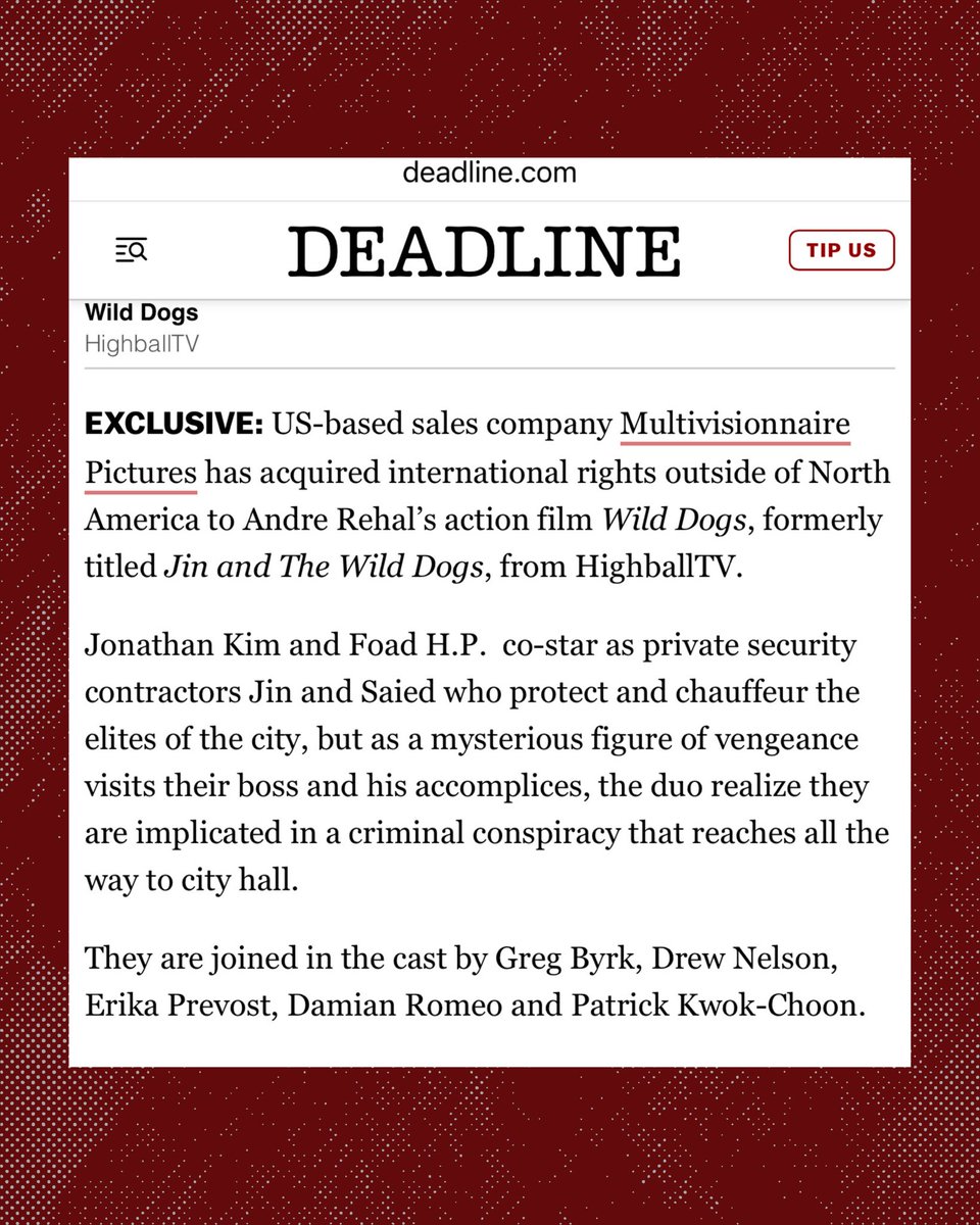HighballTV's tweet image. BREAKING: André Rehal’s Wild Dogs picked up by @MultiVisionnair Pictures for international sales at @mdf_cannes.

Written and directed by Rehal, the gritty thriller stars @FoadHP — who also co-wrote the film — alongside Greg Bryk, Drew Nelson, Erika Prevost, Damian Romeo, and…