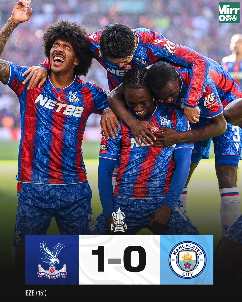 MirrorFootball's tweet photo. Eberechi Eze's goal the difference as Crystal Palace beat Man City to win the FA Cup 🏆🦅

#CRYMCI | #FACup https://t.co/nC7cmoqEH4
