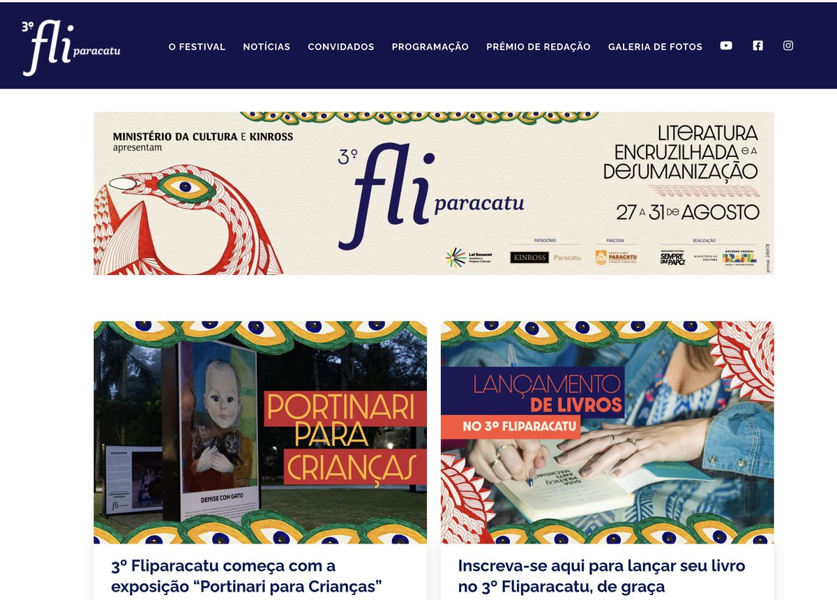 Bem-vinda, 3a edição do <a href="/Fliparacatu/">Fliparacatu</a> ! Um patrocínio da Kinross, via Lei Rouanet do <a href="/CulturaGovBr/">Ministério da Cultura</a>
.   fliparacatu.com.br