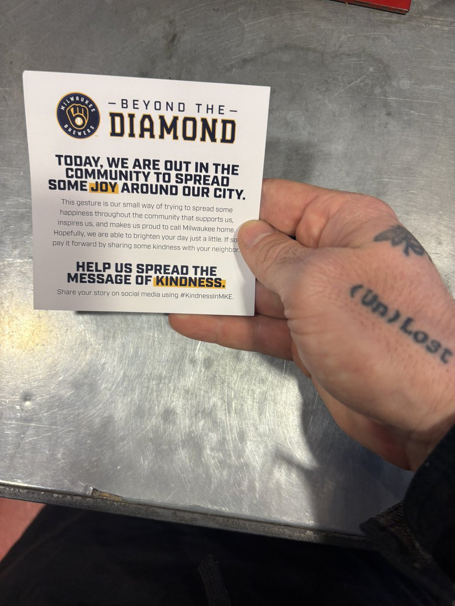 MKENewYorker's tweet image. A guy from the Brewers came into work, ordered a coffee, handed me this card and then tipped me $500. I’m absolutely befuddled. Bamboozled, even.