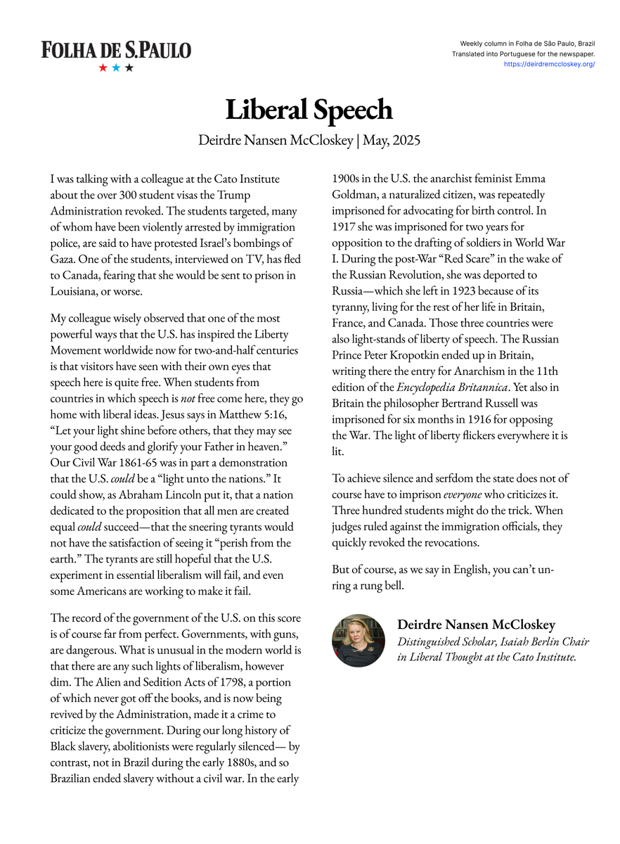 "My colleague wisely observed that one of the most powerful ways that the U.S. has inspired the Liberty Movement worldwide now for two-and-half centuries is that visitors have seen with their own eyes that speech here is quite free."

My latest column for <a href="/folha/">Folha de S.Paulo</a>
