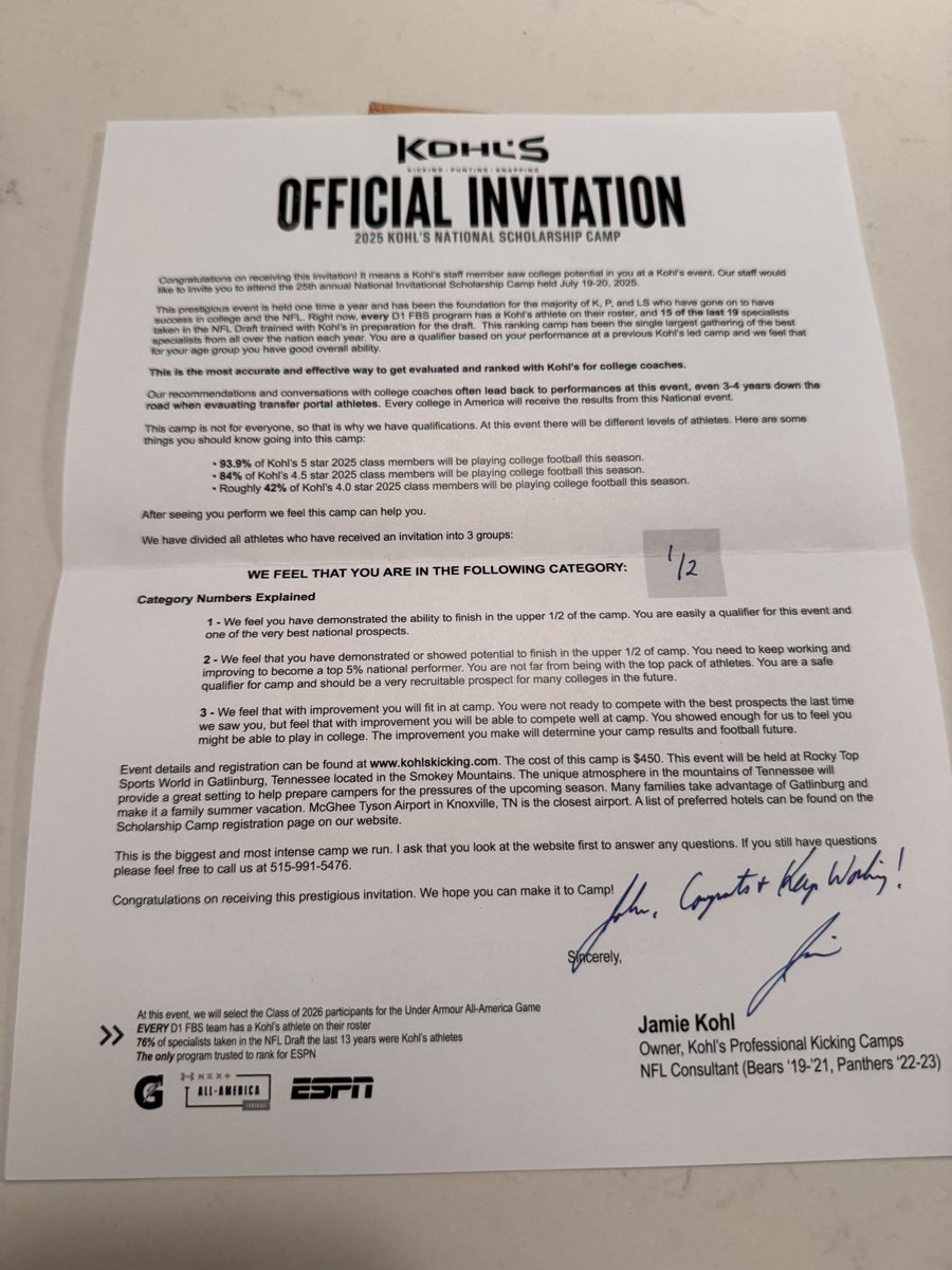John Wormley (@johnwormley26) on Twitter photo Blessed to be invited to the <a href="/KohlsKicking/">Kohl's Kicking Camps</a> National Invitational Scholarship Camp! And to be placed in the 1/2 group. Can’t wait to compete!
<a href="/BHS220Football/">Barrington Football</a>
<a href="/thekickingcoach/">The Kicking Coach</a> Blessed to be invited to the <a href="/KohlsKicking/">Kohl's Kicking Camps</a> National Invitational Scholarship Camp! And to be placed in the 1/2 group. Can’t wait to compete!
<a href="/BHS220Football/">Barrington Football</a>
<a href="/thekickingcoach/">The Kicking Coach</a>